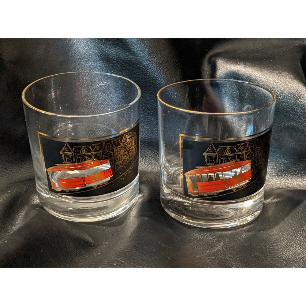 Vintage San Francisco Cable Car Rocks Glasses Gold Rim Lowball Tumblers Set of 2